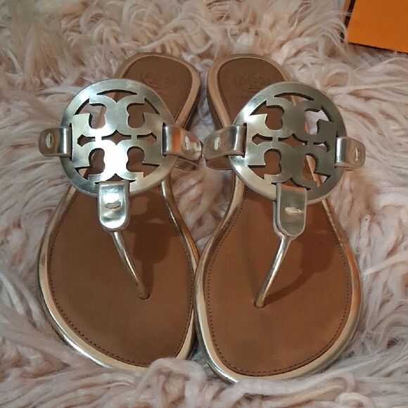 Tory Burch Silver and Tan Sandals - Picture 1 of 7